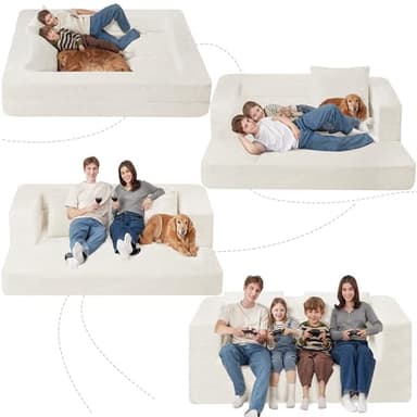 Cansunna Folding Bean Bag Chair for Adults,3-in-1 Bean Bag Couch Faux Fur Floor Sofa Large Beanbag Convertible Bean Bag Sofa Bed with Pillow in Bedroom,Living Room,Apartment(Queen,Milky White) - Image 1