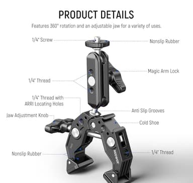 NEEWER Super Clamp with 3" Dual Ballhead Magic Arm, Cold Shoe, 1/4" Threads, Phone/Action Camera Mount Adapter for Desk Tripod Tube Crossbar Gimbal Rods Compatible with SmallRig GoPro DJI, ST83 - Image 2