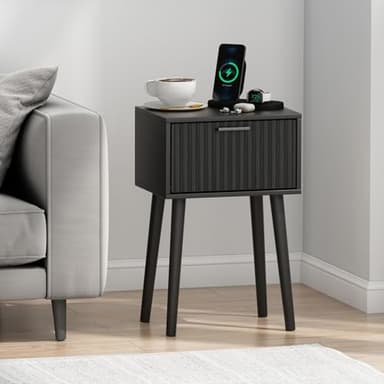 LAATOOREE Nightstands Set of 2, Small Side Table, Bedside Table with Fluted Door, Solid Wood Feet; Modern Mid-Century End Table for Bedroom, Small Space (Black) - Image 6