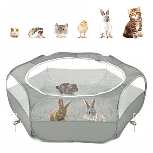 Pawaboo Small Animals Playpen, Waterproof Small Pet Cage Tent with Zippered Cover, Portable Outdoor Yard Fence with 3 Metal Rod for Chick/Kitten/Puppy/Guinea Pig/Rabbits/Hamster/Chinchillas,Light Gray - Image 1