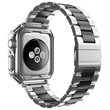 Designed for Apple Watch Band and Case, Stainless Steel Metal Chain with TPU Cover, Smart-Watch Link Bracelet Strap, Wrist-Band for i-Watch Series 9 8 7 6 5 4 3 2 1 SE, 41mm 40mm 38mm, Silver+Black - Image 2