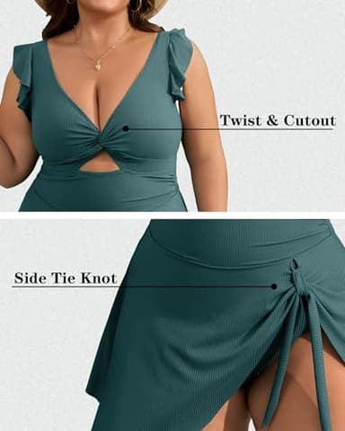 Charmo Women Plus Size Swimdress One Piece Swimsuit Tummy Control Twist Front Bathing Suit Ruched Skirted Swimwear Green 4X - Image 4