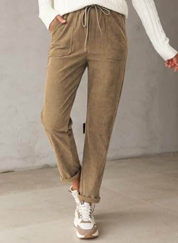 EVALESS Corduroy Pants for Women Petite Casual Drawstring Elastic High Waist Straight Leg Pants Fall Winter 2025 Loose Comfy Trousers with Pockets Khaki Small - Image 6