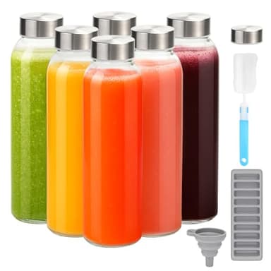 Zukro Glass Water Bottles with Lids 24 oz, 6 Pack Reusable Juice Bottles With Stainless Steel Airtight Cap for Juicing, Leak Proof Clear Drinking Jar Beverage storage container for Fridge, BPA Free - Image 1