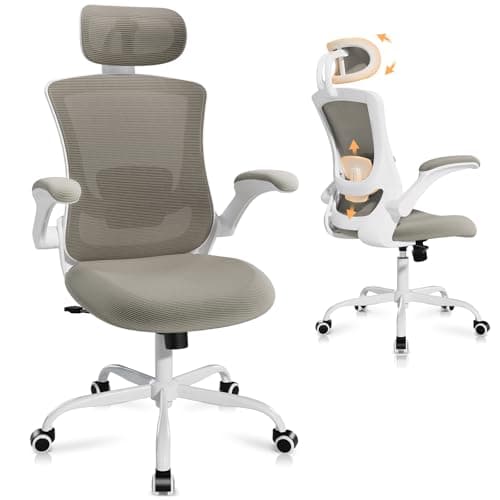Ergonomic Office Chair with Adjustable Lumbar Support & Headrest, High Back Mesh Desk Chair with Flip-Up Armrests, Breathable & Comfortable Computer Chair for Home, Office & Study –Khaki - Image 1