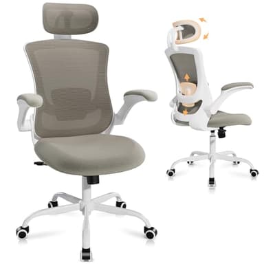 Ergonomic Office Chair with Adjustable Lumbar Support & Headrest, High Back Mesh Desk Chair with Flip-Up Armrests, Breathable & Comfortable Computer Chair for Home, Office & Study –Khaki - Image 1