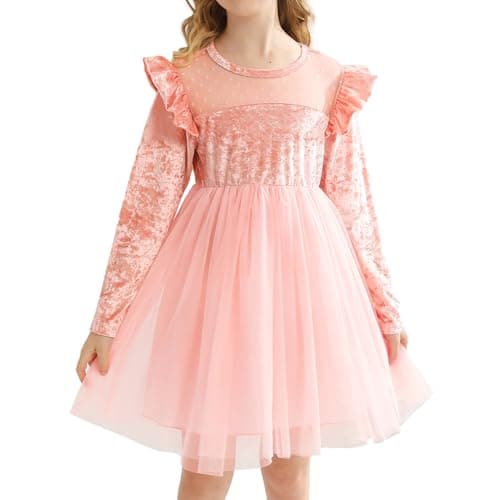 Girl Tulle Dresses Big Girls Velvet Tutu Fall Winter Long Sleeve Ruffle Holiday Party Dress Pink - Image 1