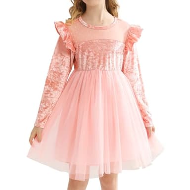 Girl Tulle Dresses Big Girls Velvet Tutu Fall Winter Long Sleeve Ruffle Holiday Party Dress Pink - Image 1