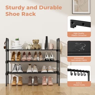 LANTEFUL 3 Tier Shoe Rack for Closet, Shoe Organizer with 5 Hooks, Long Shoe Shelf Storage for Sneaker and Boot Stackable Free Standing Shoe Rack for Entryway, Garage, Small Spaces, Dorm - Image 4