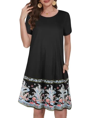 elescat Summer Dresses for Women Casual Loose Short Sleeve Sundress Scoop Neck Beach Cover Up with Pockets(Black Floral, L) - Image 4