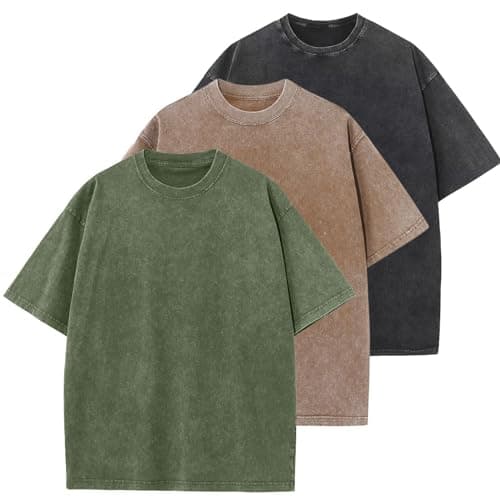 3 Pcs Oversized Heavy Cotton Summer T-Shirts Vintage Unisex Short Sleeves Casual Loose Basic Tops(Black+Coffee+ArmyGreen 3XL) - Image 1