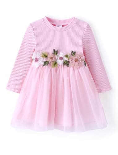 PATPAT Baby Girl Dress Ribbed Long-Sleeve Splicing Floral Embroidered Mesh Dress Soft Pink 3-6 Months - Image 1