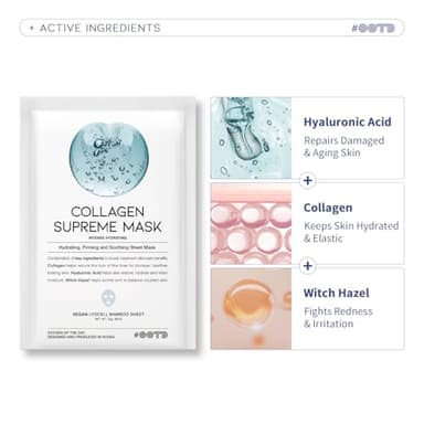 #OOTD Collagen Hydrating Sheet Masks for Face Korean Anti Aging Mask Sheet for Dry Skin & Sensitive Skin, EVE Vegan, Not Tested on Animals, No Parabens, No Sulfates, Hyaluronic Acid, Witch Hazel 10EA - Image 3