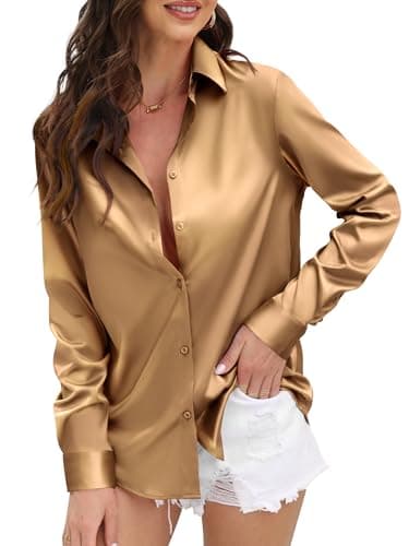 Womens Soft Satin Silk Button Down Shirts for Women Silky Long Sleeve Work Shirt Dress Blouses Tops Light Coffee Size S - Image 1