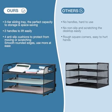 NCXTKJ 3-Tier Letter Tray Paper Organizer with Handle, Compact Mesh Desk File Organizer for Home Office Supplies Desktop Accessories,Black - Image 3