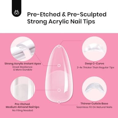 Beetles Tipex Gel Nail Kit, Medium Almond Nail Tips 224 Pcs 16 Sizes Pre-Building Pre-Etched False Nail Tips with Tipex Nail Glue, Mini Nail Lamp Thick Acrylic Nail Set Halloween Nails - Image 7