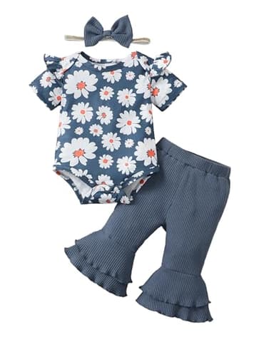 SUNNY PIGGY Baby Girl Clothes Ruffle Short Sleeve Romper Long Pants Set with Headband Newborn Infant Outfits Blue 0-3M - Image 1