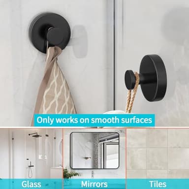 Suction Cup Hooks for Shower, Bathroom, Hanging Towels, Robe, Loofah, Mounting on Glass Shower Doors, Tile, Mirrors, Black, Rubber Suction Cup, 2 Pack - Image 4