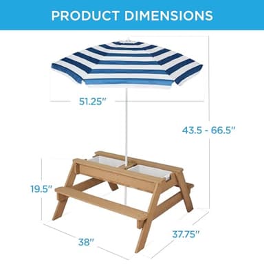 Best Choice Products Kids 3-in-1 Sand & Water Table, Wood Outdoor Convertible Picnic Table w/Umbrella, 2 Trays, Removable Top, 220lb Capacity Per Bench - Navy - Image 2