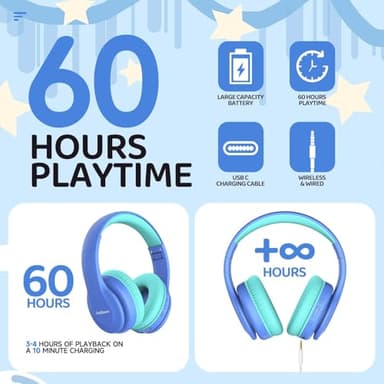 JoySpark Kids Bluetooth Headphones, Lightweight Wireless Headphones for Kids, 85/94dB Volume Limited, 60 Hours Playtime, Bluetooth 5.3, Over-Ear Toddler Headsets with Built-in Mic-Blue - Image 4
