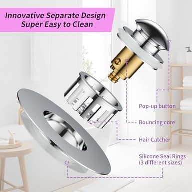 Bathtub Drain Stopper, 3-in-1 Pop-Up Bath Tub Stopper Plug with Hair Catcher, Innovative Separate Design for Easy Clean & Install, Universal for 1.42"-1.97" Hole, Heavy Duty All Brass - Image 2