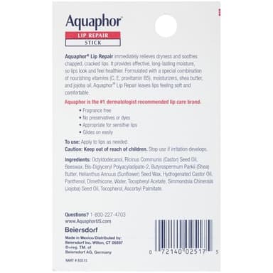 Aquaphor Lip Balm Set with Jojoba Oil and Shea Butter, Lip Repair Stick (2 x 0.17 Oz) + Repair Stick with Sunscreen SPF 30 (2 x 0.17 Oz), Fragrance Free, Paraben Free, Immediately Relieves Dryness - Image 3