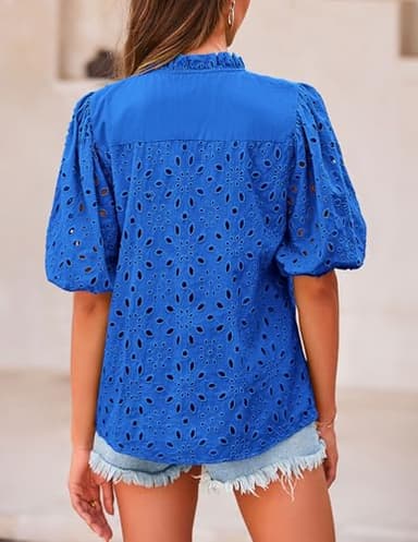 PRETTYGARDEN Women's Summer Tops 2025 Dressy Casual Short Sleeve V Neck Buttons Hollow Out Lace Embroidered Blouses Shirts (Blue,Large) - Image 2