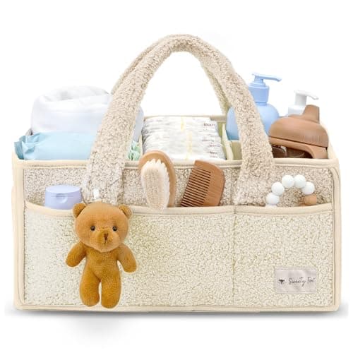 Sweety Fox Baby Diaper Caddy Organizer with Handle - Portable Sherpa Nursery Basket - Car Diaper Organizer, Cleaning Caddy, Gift for Baby Shower - Ivory - Image 1