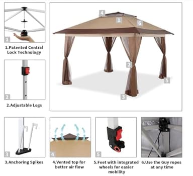 CROWN SHADES 13x13 Pop Up Gazebo, Canopy Tent, Gazebos on Clearance - Outdoor Gazebo for Backyard & Patio Furniture - Carpa Pop Up Tent with Wheeled STO-N-Go Cover Bag (Beige & Coffee) - Image 4