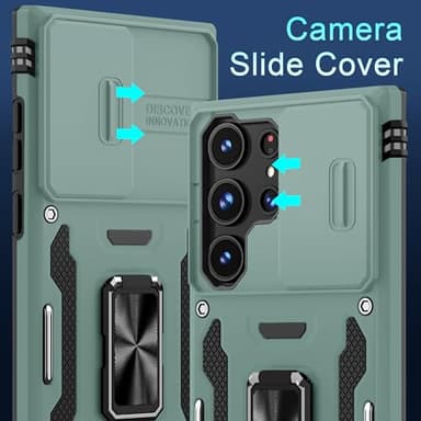 DEERLAMN Case for Samsung Galaxy S25 Ultra with Slide Camera Cover+Screen Protector (1 Pack), Rotated Ring Kickstand Military Grade Shockproof Protective Cover-Green - Image 3
