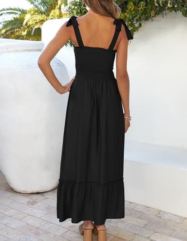 ZESICA Women's 2025 Summer Boho Spaghetti Strap Square Neck Solid Color Ruffle A Line Beach Long Maxi Dress,Black,Medium - Image 3