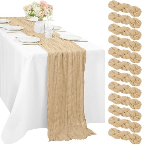 Sand 12 Pieces 35 x 120 Inches Long Cheesecloth Table Runner Gauze Fabric 10Ft Boho Table Runner Rustic Sheer Runner for Wedding Baby Bridal Shower Birthday Holiday Party Table Arbor Decor (Sand) - Image 1