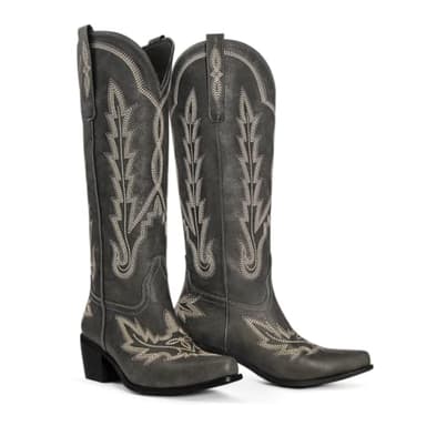 Cowboy Boots for Women Black Cowgirl Knee High Boots with Classic Embroidered Pull On Pointed Toe Chunky Heel Vintage Wedding Country Tall Western Boots Size 6 - Image 6