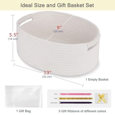 BOSROTY Small Woven Basket with Gift Bags and Ribbons, Empty Baby Gift Baskets for Kids Women Men, Shelf Storage, Small Cat Dog Pet Toy Boxes, 13”x 9”x 5.5”, White - Image 2