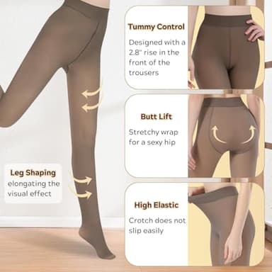 BDLLMDES Fleece Lined Tights for Women, Warm Fake Sheer Pantyhose Leggings Women, Thick Translucent High Waisted Thermal Stockings for Winter Dresses, Coffee - Image 2