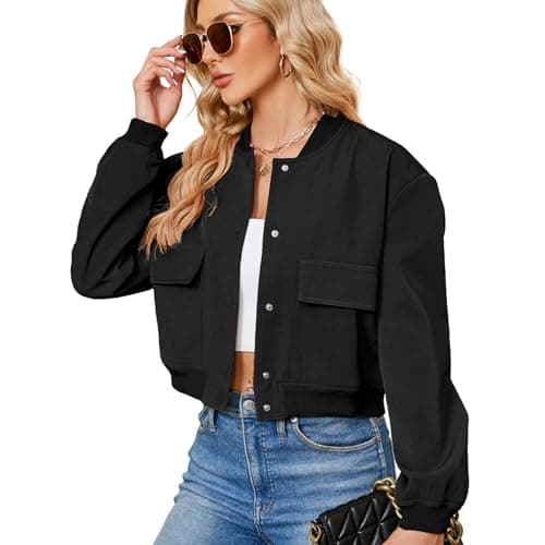 Zando Cropped Bomber Jacket Women - Short Black Cropped Jacket Women Button Down Jackets for Womens Trendy with Pockets Long Sleeve Baseball Casual Varsity Jackets for Daily Work Outdoor Travel S - Image 1
