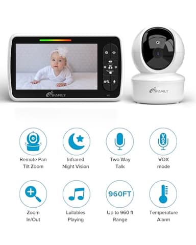 iFamily Baby Monitor - Large 5" Screen with 30Hrs Battery Life - Remote Pan-Tilt-Zoom;No WiFi, Two-Way Audio, Night Vision, Temperature, Lullabies, 960ft Long Range Baby Monitor with Camera and Audio - Image 2