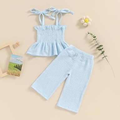 VISGOGO Infant Baby Toddler Girls Clothes Solid Color Sleeveless Camisole Linen Pants Set Baby Summer Outfits (Blue, 12-18 Months) - Image 3