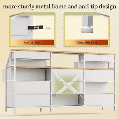 Romorgniz 55" W White Dresser for Bedroom with Deep Fabric Drawers, Long Chests of Drawers with 2 Open Wooden Shelves, Large Vanity Dressers for Entryway, Dorm, Sturdy Metal Frame, Wooden Top - Image 7