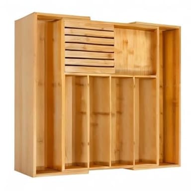 VaeFae Bamboo Silverware Drawer Organizer Kitchen, Expandable Utensil Organizer with Knife Block, Cutlery Tray with Divider, Multifunctional Wooden Drawer Organizer - Image 7