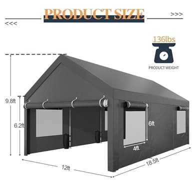 Shintenchi Carport 12' x 20' Heavy Duty Portable Garage, Carport Canopy with Side-Opening Door & Roll-Up Windows, Car Canopy for Truck,Car,Boat,Grey - Image 3