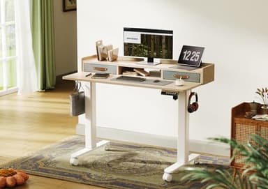 YDN Standing Desk with Drawers, 48 Inch Standing Desk Adjustable Height, Adjustable Electric Stand Up with Storage and Shelf, Natural - Image 2