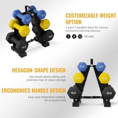 Fitvids Neoprene Dumbbell Set with Rack, 5/8/12LB Pairs, 50LB Set with Rack - Image 2