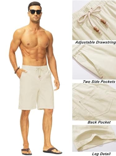Janmid Men's Linen Shorts Casual Elastic Waist Drawstring Summer Beach Shorts Apricot 2XL - Image 4