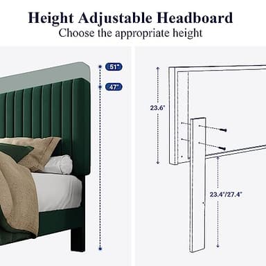 Allewie Queen Bed Frame, Velvet Upholstered Platform Bed with Adjustable Vertical Channel Tufted Headboard, Mattress Foundation with Strong Wooden Slats, Box Spring Optional, Easy Assembly, Green - Image 6