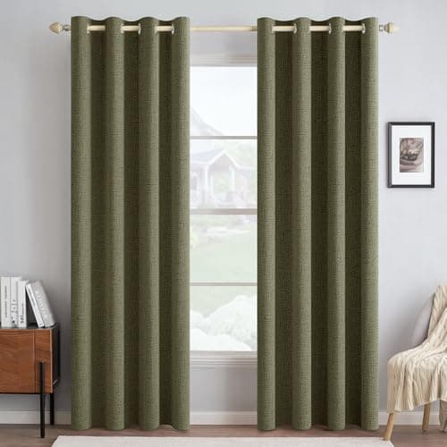 MIULEE Linen Texture Curtains for Bedroom Solid 100% Blackout Thermal Insulated Light Olive Green Curtains Grommet Room Darkening Drapes for Living Room Nursery 52x84 Inch (2 Panels) - Image 1