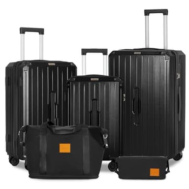 Romswi 5-Piece Luggage Set with Cup Holder TSA Lock, 20" 24" 28" Hardside Spinner Suitcase with Duffel Bag, Lightweight Durable PC+ABS Black Travel Luggage - Image 1