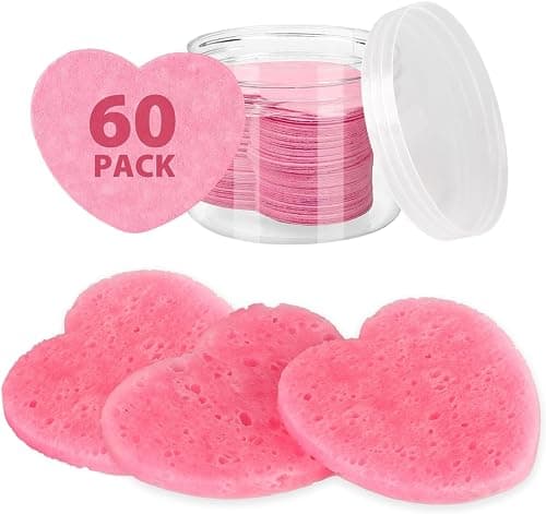 60-Count Compressed Facial Sponges With Container, Heart Shape Face Sponge, 100% Natural Pads for Cleansing, Massage, Pore Exfoliating Mask, Makeup Removal (Pink) - Image 1