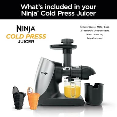 Ninja Cold Press Juicer Pro, Compact 150-Watt Slow Masticating Juicer, Total Pulp Control with Anti-Drip Lever, Dishwasher Safe Parts, High Juice Yield for Fruits & Vegetables, Cloud Silver (Renewed) - Image 2