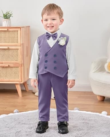 YALLET Toddler Baby Boy Clothes Suit Gentleman Wedding Outfits, Formal Dress Shirt+Bowtie+Vest+Boutonniere+Suspender Pants(V Light Purple, 18-24 Months) - Image 2